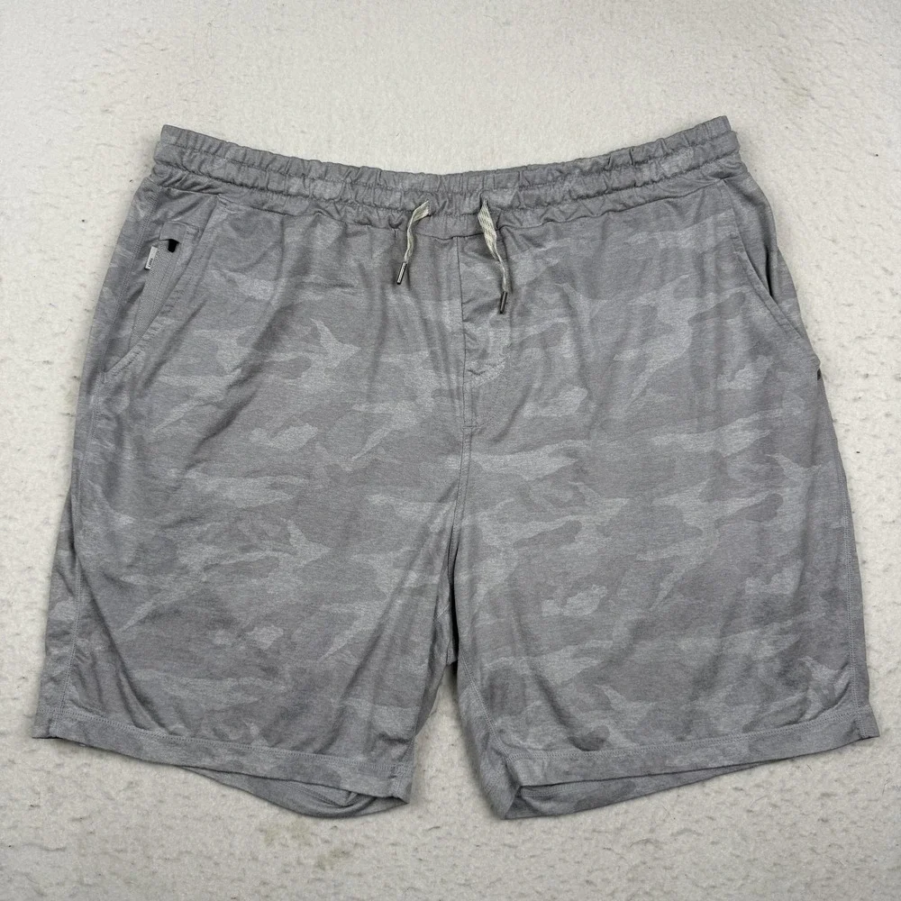 Vuori Shorts Mens 2XL Gray Camo Athletic Jersey Drawstring 7 Inseam Pockets V344